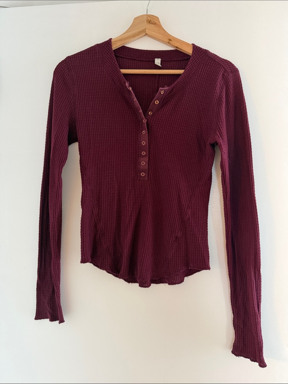 Intimately Free People Waffle-Knit Long Sleeve Raw Hem Henley Top - Burgundy